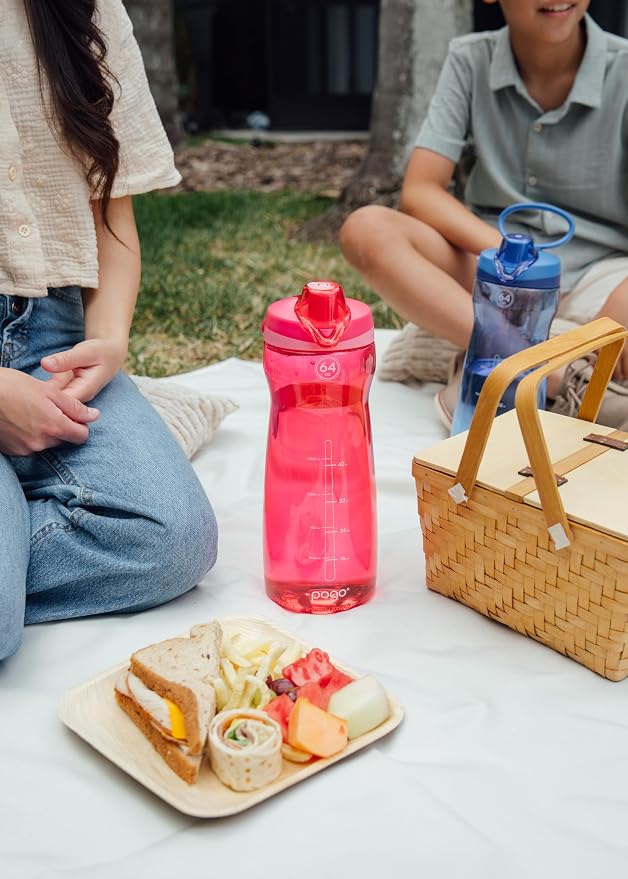Pogo 64oz Plastic Water Bottle with Chug Lid and Carry Loop, Pink | Leakproof water bottle with chug lid and capacity markings. BPA-free, great for travel, school, outdoors, and gym.