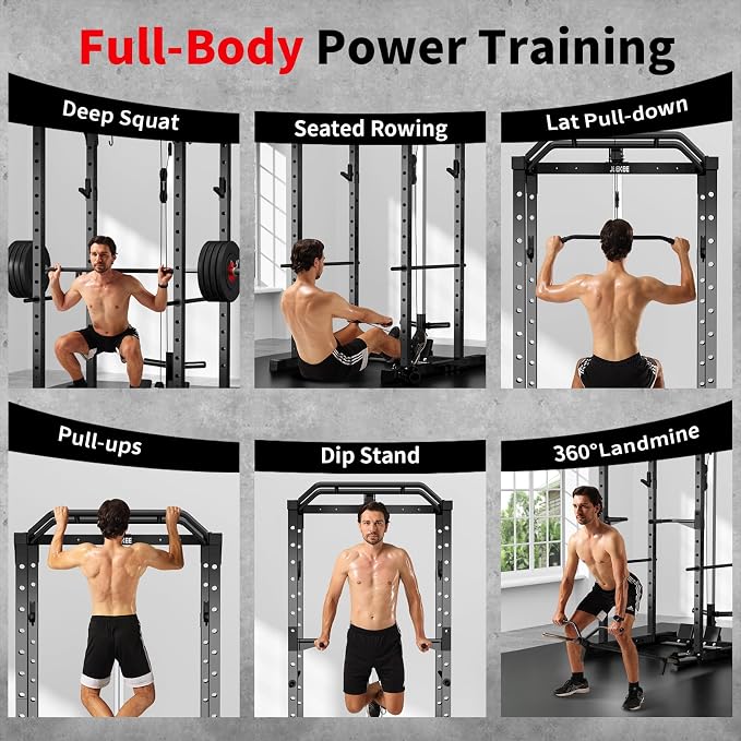 JEEKEE Power Rack with LAT Pulldown, 2000LBS Power Cage with Cable System, Multi-Function Squat Rack with J-Hooks, Safety Bars, Landmine, Pull Up Bar & Attachments for Home Gym Strength Training,Black