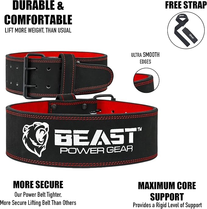 Beast Power Gear Weight Lifting Belts - Free Strap 4” Wide 10mm Thick for Weightlifting Bodybuilding Powerlifting Belt Superior Back Support Gym Belts for Men Women
