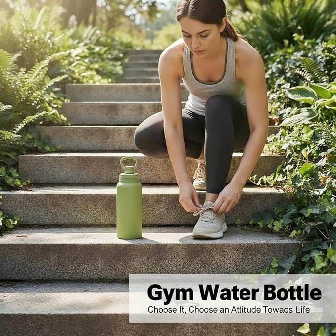 Green Insulated 32 oz Metal Leakproof Water Bottle | Mens Stainless Steel Water Flask, Large Sports Travel Water Bottle for Gym,Hiking,1 liters Thermal Bottle with 2 Lids