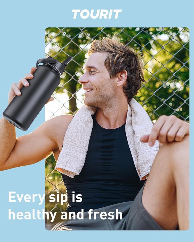 TOURIT 24 oz Insulated Water Bottle, Stainless Steel Water Bottles With Straw, Double Wall Vacuum Insulation for Cold and Hot Drinks, Leak Proof BPA Free Water Flask for Sports and Travel, Black