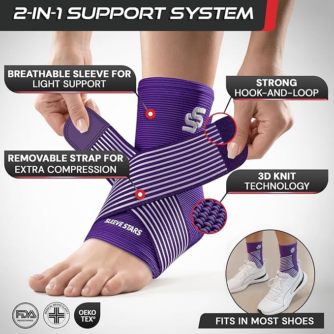 Sleeve Stars Ankle Brace for Women & Men, Ankle Wrap for Sprained Ankle, Compression Sleeve for Plantar Fasciitis Relief, Easy Customizable Support: w/Removable Strap (Single/S:9"-10"/Dark Purple)