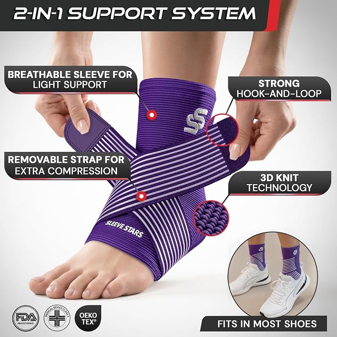 Sleeve Stars Ankle Brace for Women & Men, Ankle Wrap for Sprained Ankle, Compression Sleeve for Plantar Fasciitis Relief, Easy Customizable Support: w/Removable Strap (Single/L:12"-13"/Dark Purple)