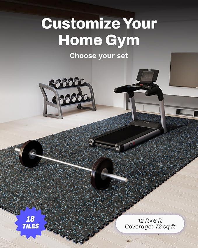 AIRHOP 0.79'' Extra-Thick 72 Sq Ft Rubber Top Gym Flooring for Home Gym | 18 Tiles, High Density EVA Foam, Waterproof & Non-Slip Rubber, Interlocking Puzzle Mats, Heavy Duty Floor Protection, 24"x24"