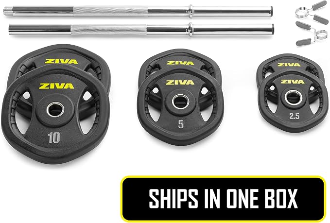 ZIVA 35lb Studio Barbell Weight Set – Adjustable Home Gym Kit with Standard Rubber Urethane Plates, 5' Chrome Bar (1.18" diam) & Collars | Extra Plates Not Included