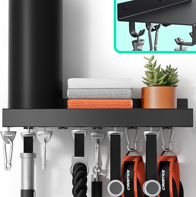 Metal Shelf Compatible with Tonal Accessories, Home Gym Storage | Floating Shelf Organizer for Home Gym, T-Lock Adapters Bracket Hanger, Gym Rack Wall Mounted with Hooks, Black Workout Holder