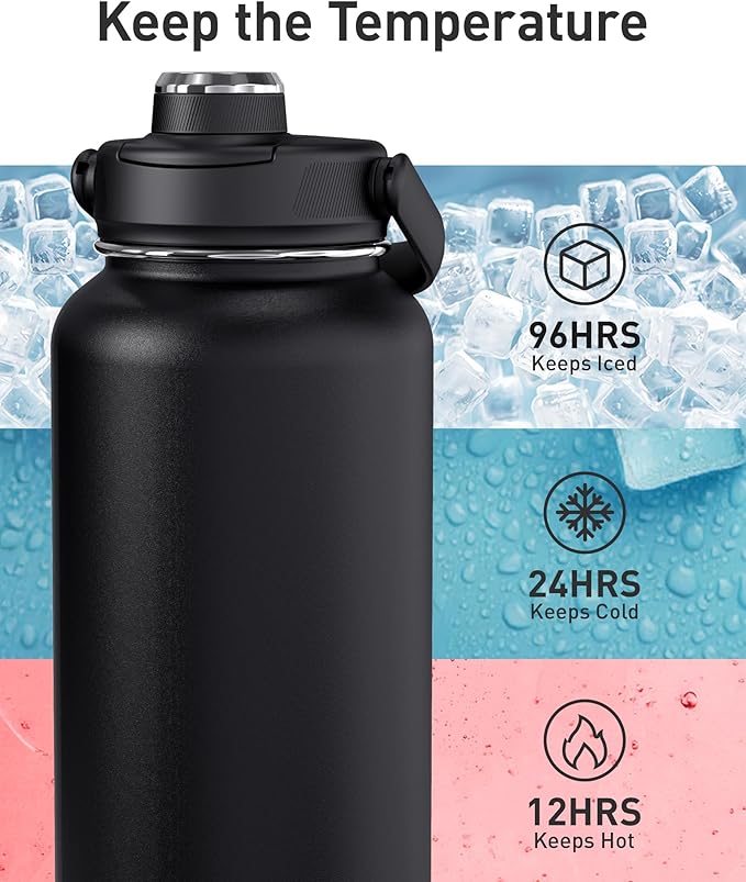 TOURIT 40 oz Insulated Stainless Steel Water Bottle, Black | Double-wall vacuum thermal flask with top handle, leakproof & BPA-free design for sports, gym, hiking & travel use