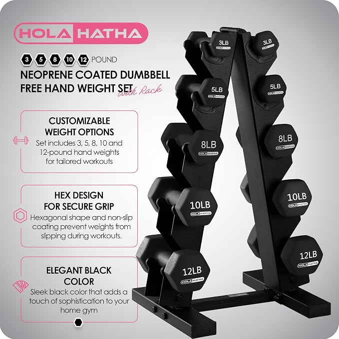 HolaHatha 1, 2 and 3 lb Neoprene Dumbbell Strength Training Weight Set with Rack