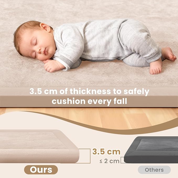 ACOMOPACK Baby Play Mat for Floor 1.3" Thick Memory Foam Play Mat 79"×118" Tummy Time Crawling with Non-slip Bottom for Living Room,Nursery,Soft Velvet Playpen Mats for Kids,Infants（Beige）