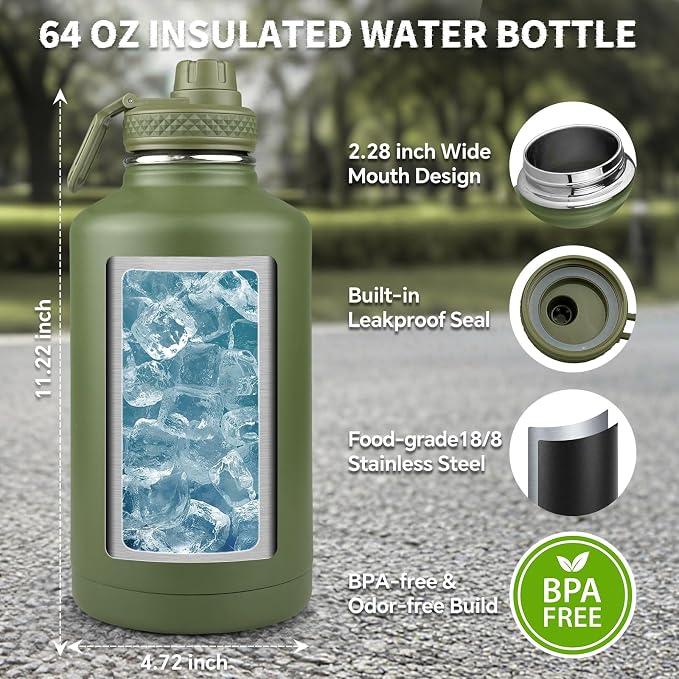 DEFUNX Half Gallon Water Bottle Insulated with Sleeve - Tactical 64 oz Stainless Steel Water Jug with MOLLE Water Bottle Pouch, Gym Water Bottles for Men Hiking Workout (Woodland Digital Camo)