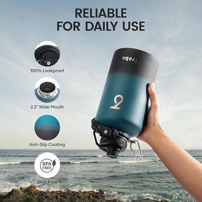 Trebo 64 oz Water Bottle Stainless Steel with 3 Lids, Paracord Handle & Bag | Half Gallon Large Insulated Jug, Triple Wall Vacuum Copper Plated, Dishwasher Safe, Cold 48Hrs for Outdoor, Hiking, Gym