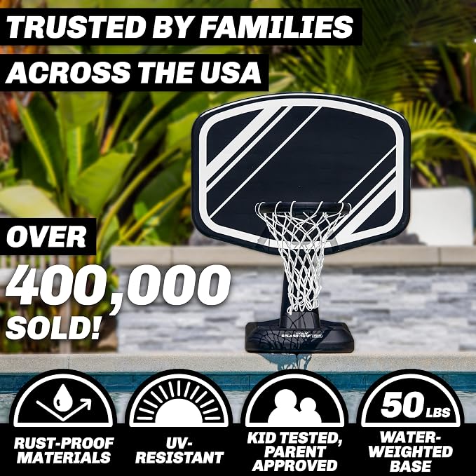 GoSports Splash Hoop PRO Pool Basketball Game – Modern Poolside Basketball Hoop with Backboard, Ball & Pump – Swimming Pool Basketball Hoop for Inground & Above Ground Pools