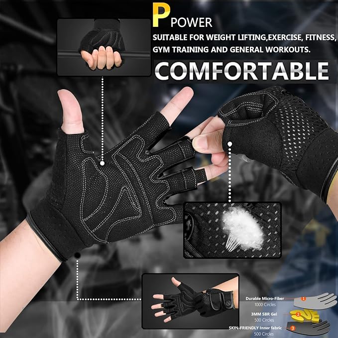 MOREOK Workout Gloves Padded Weight Lifting Gloves for Men/Women, [3MM Gel] Fingerless Grip Gym Gloves Fitness Gloves for Exercise,Hanging,Weightlifting, Cycling, Pull ups, Rowing