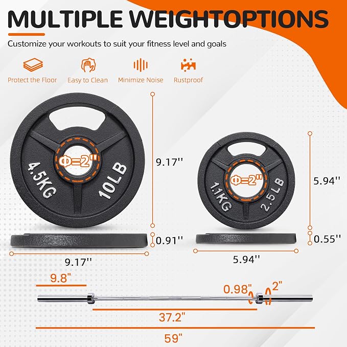 Signature Fitness 2-Inch Cast Iron Barbell Set, Including Multiple LBS Weight Plates and 6FT Barbell Set, Multiple
