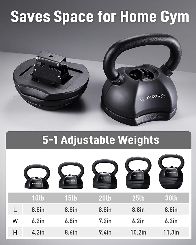 BYZOOM FITNESS Pure Series Adjustable Kettlebell 30/40/50LB - 5-IN-1 Weight Change, Patented Quick-Change Machenism, Ergonomic Curved Handle for Home Gym, Strength Training, HIIT, White OR Black