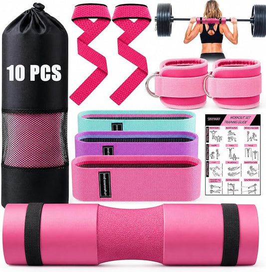 SINYWAY Barbell Pad Set for Squat,10 PCS Hip Thrusts Workout Foam Weight Lifting Bar Cushion with 2 Gym Ankle Straps,3 Hip Resistance Bands,2 Lifting Strap,Barbell Pad and Carry Bag