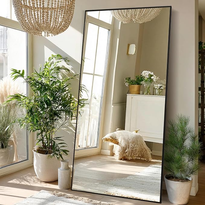 Beauty4U 79" x 39" Full Length Mirror with Stand, Black Large Floor Mirror | Standing, Leaning, or Wall-Mounted Tempered Glass Full Body Mirror with Metal Frame for Bedroom, Closet, Modern Home Decor