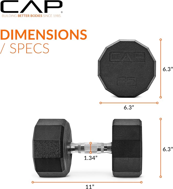 CAP Rubber Coated Dumbbell Weights, Free Weights for Home Gym Strength Training, Anti-Roll Hex Dumbbells with Black, Chrome & Comfort Grip Handles, Pairs & Sets
