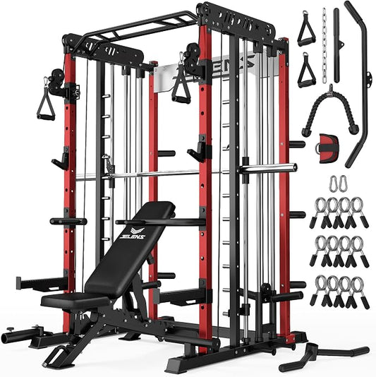 JELENS Smith Machine for Home Gym, Multi-Function M12 Power Cage with Cable Crossover System, Squat Rack with Smith Bar and More Attachment