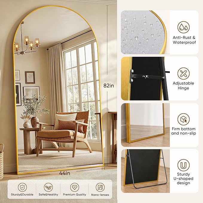 Full Length Mirror, 82"x44" Arched Floor Mirror Freestanding, Floor Standing Full Body Mirror with Stand for Bedroom, Hanging Mounted for Living Room Cloakroom, Gold