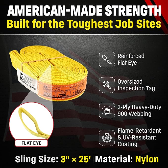 DD Sling 3 Inch x 25 Foot Nylon Lifting Sling – USA Made, 8,900 lb Vertical, 7,200 lb Choker, 17,800 lb Basket – 2-Ply Heavy Duty 900 Webbing, Type 3 Flat Eye & Eye Rigging Sling