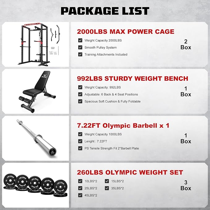 JELENS S11 Power Cage, 2000LB Multi-Function Power Rack with LAT Pulldown, Squat Rack with Adjustable Pulley System and Training Attachments, Weight Rack for Home Gym