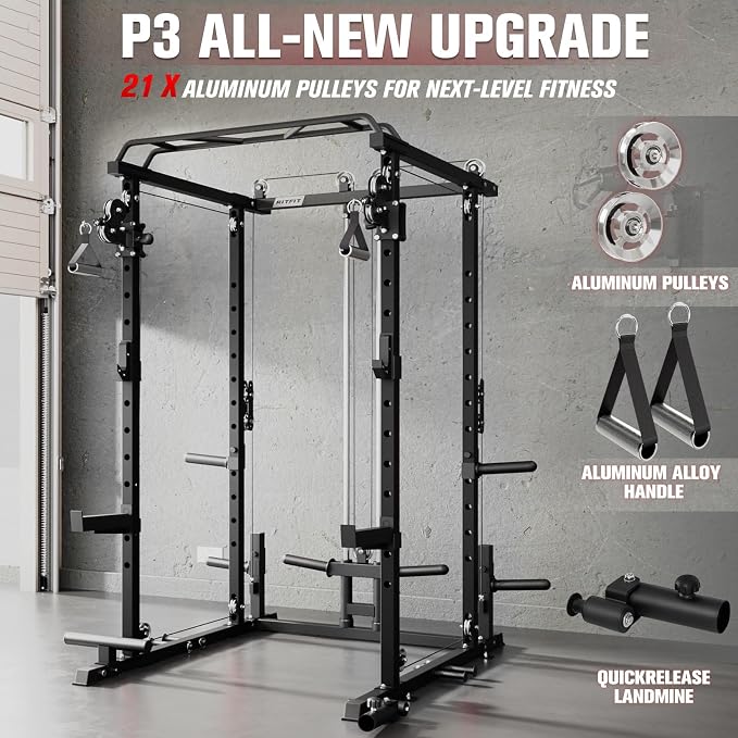 RitFit PPC-P3 Power Cage with Cable Crossover System, 1200LB Capacity | LAT Pulldown & Cable Crossover System with Bumper Plate Set, Olympic Barbell, Bench