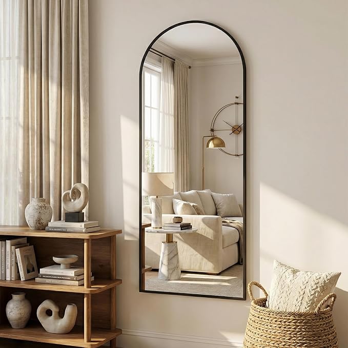 Suidia 58"x21" Arched Full Length Mirror with Stand, Full Body Mirror with Aluminum Frame, Freestanding/Leaning/Wall-Mounted, Floor Mirrors for Bedroom, Living Room, Entryway, Dressing Room, Black