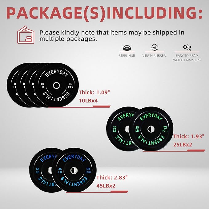 Fitvids 2-Inch Olympic Bumper Plates, Perfect Weight Plates for Weightlifting and Strength Training, Multiple Weights Available