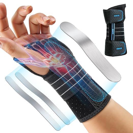 Rakiie Carpal Tunnel Wrist Brace, Adjustable Night Wrist Support with 3 Metal Splints, Hand Brace for Men Women No Pressure on Thumb, Splint Stabilizer for Work, Arthritis (Left Hand, Blue, Large)