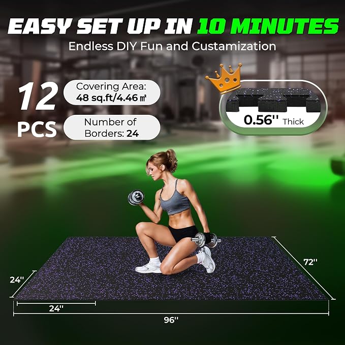 PRAISUN 0.56" Rubber Top Gym Flooring, Heavy Duty Interlocking Gym Mats for Home Gym, Non-Slip Workout Mat, 24 x 24in Large Gym Floor Mat, Protect Floors from Equipment, 48 Sq Ft, Black/Purple