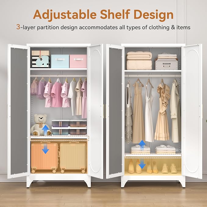 Polup Metal Armoire Wardrobe Closet with Mirror, Clothing Storage Cabinet | 71" Heavy Duty Steel Wardrobe Cabinet with Hanging Rod & Adjustable Shelves for Bedroom, Office, Clothes Organizer, White