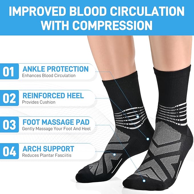 IRAMY Compression Ankle Support Crew Socks Men Women Wicking Plantar Fasciitis Relief Running Hiking Socks 3 Pairs