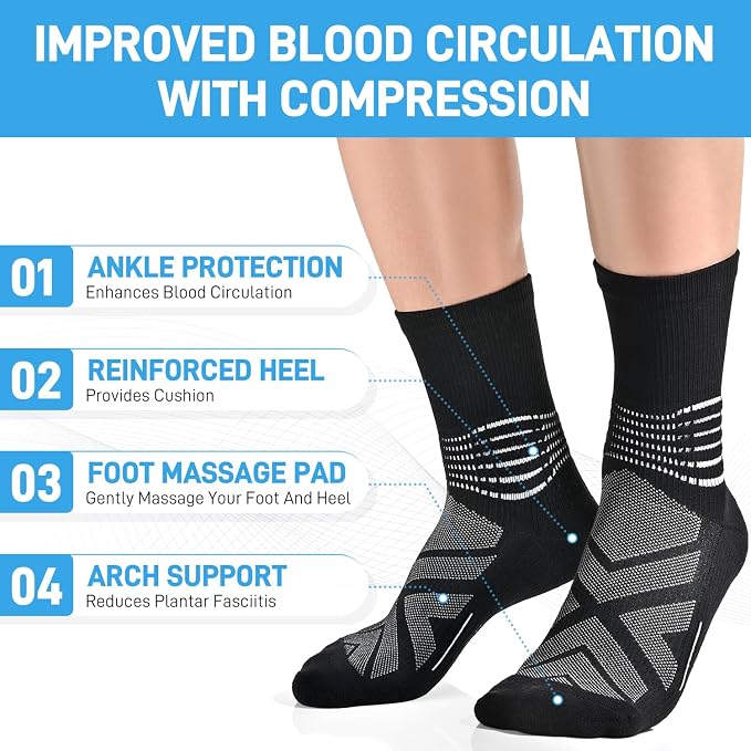 IRAMY Compression Ankle Support Crew Socks Men Women Wicking Plantar Fasciitis Relief Running Hiking Socks 3 Pairs