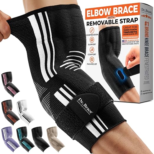 DR. BRACE® Elite Elbow Brace Support with Removable Strap for Women & Men, Pain Relief for Tendonitis, Arthritis, Golfer's & Tennis Elbow Treatment, Elbow Sleeve for Workouts Weightlifting (Black-White, XX-Large)