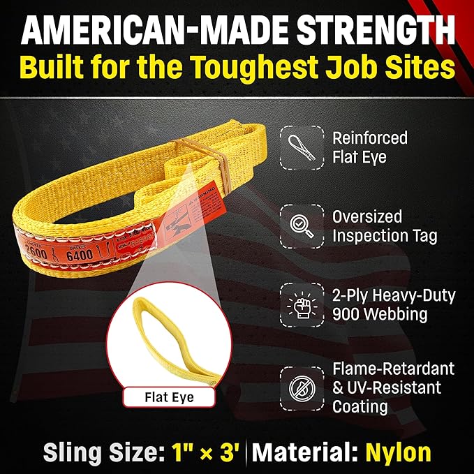 DD Sling 1 Inch x 3 Foot Nylon Lifting Strap – USA Made Rigging Sling | 3,200 Pound Vertical, 2,600 Pound Choker, 6,400 Pound Basket – 2-Ply Heavy Duty 900 Webbing, Type 3 Flat Eye & Eye
