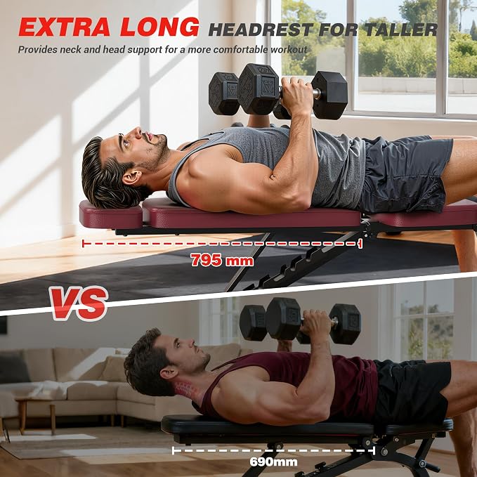 XDDIAS Workout Bench, 10 Backrests Adjustable Weight Bench with Extended Headrest, 800LBS Foldable Weight Bench for Home Gym, Incline Decline Flat Bench Compact for Small Space Training