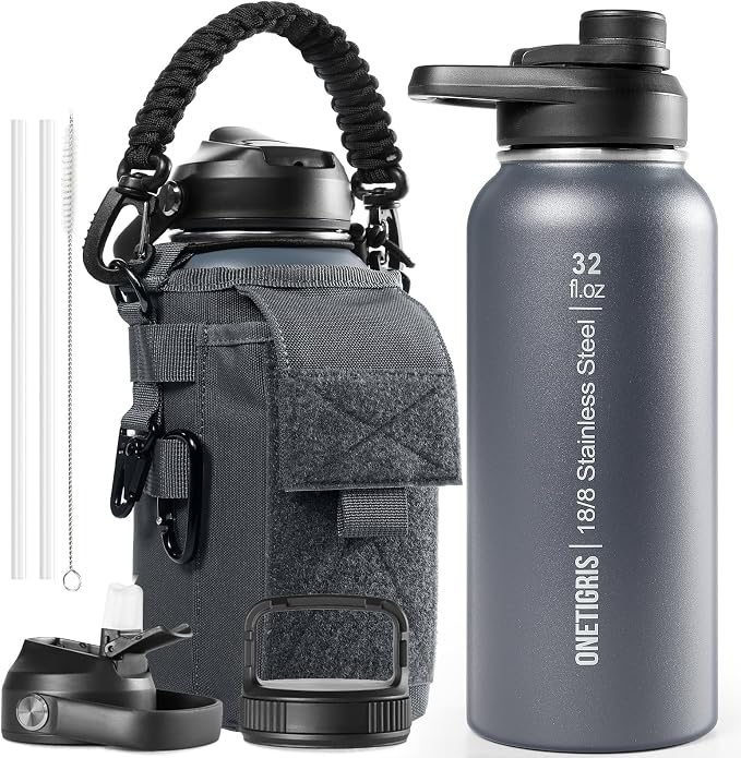 ONETIGRIS 32oz Insulated Tactical Water Bottle with Straw & MOLLE Sleeve | 3 Lids,Keeps Ice Cold 48H Hot 24H,304 Food-Grade Stainless Steel,360° Leakproof Silicone Seal,2 Straws Kit,Paracord Handle