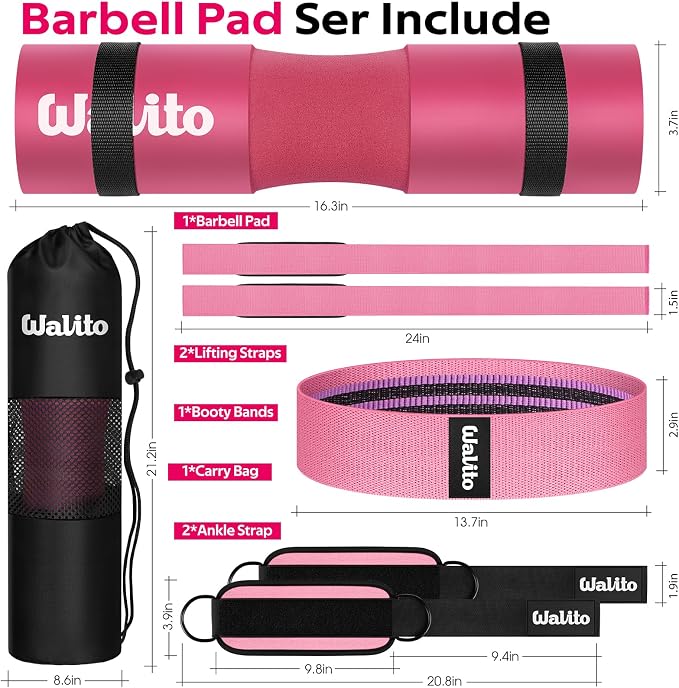WALITO 8Pcs Barbell Pad Set for Hip Thrust - Squat Pad,Gym Accessories for Women with Bar Bad,Bench Press, with Gym Ankle Straps,Resistance Bands for Working Out,Lifting Strap,Carry Bag