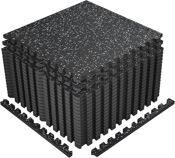 SUPERJARE 1" Extra-Thick Rubber Top Exercise Mat, Puzzle Gym Flooring for Home Gym, Gym Mat for Workout Equipment, Interlocking Floor Tiles with EVA Foam, 18 Pcs 72 Sq Ft, Black/Grey