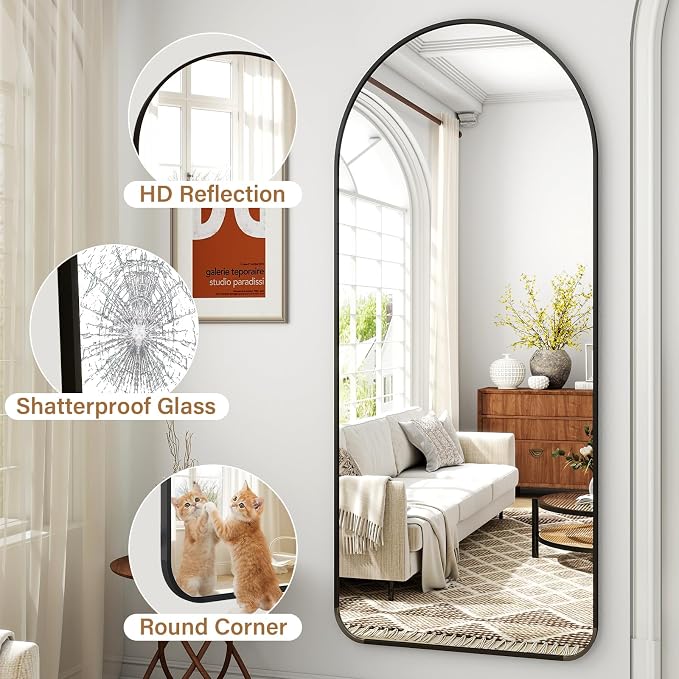 Arched Full Length Mirror 64"x21" with Round Corner Black | Standing Body Mirror with Aluminum Frame for Bedroom Cloakroom Living Room Make-up Gift