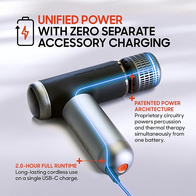 Sharper Image Powerboost Pro+ Hot & Cold Compact Deep Tissue Massage Gun - 6 Speed, 4 Attachments, Travel Case| Soothing Heat & Cold Therapy| Portable Lightweight Full Body Shoulder & Back Massager
