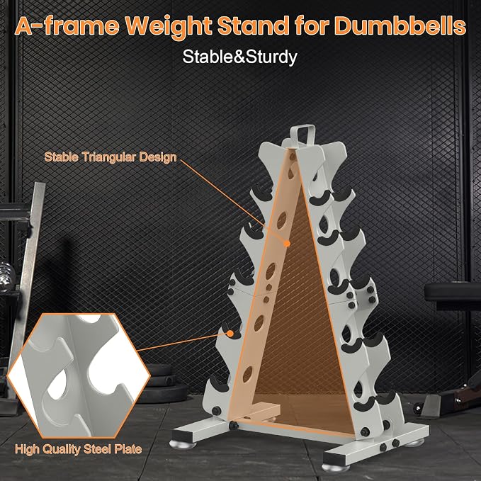 TomCare 6-Tier|5-Tier|4-Tier|2-Tier Dumbbell Rack Stand Only for Home Gym | Stable A-Frame, Fits 5–35 lb Dumbbells, Protective Padded Cradles, Adjustable Feet, Easy-Carry Handle (Stand Only)
