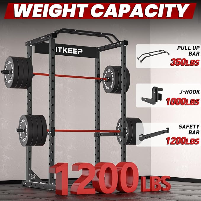 RitKeep Power Rack, Adjustable Multi-Function Squat Rack for Home Gym | 3-in-1 Power Cage with 1200LB Capacity, J-hooks, safety bars and multi-grip pull-up bar for strength training -RMAX 2250