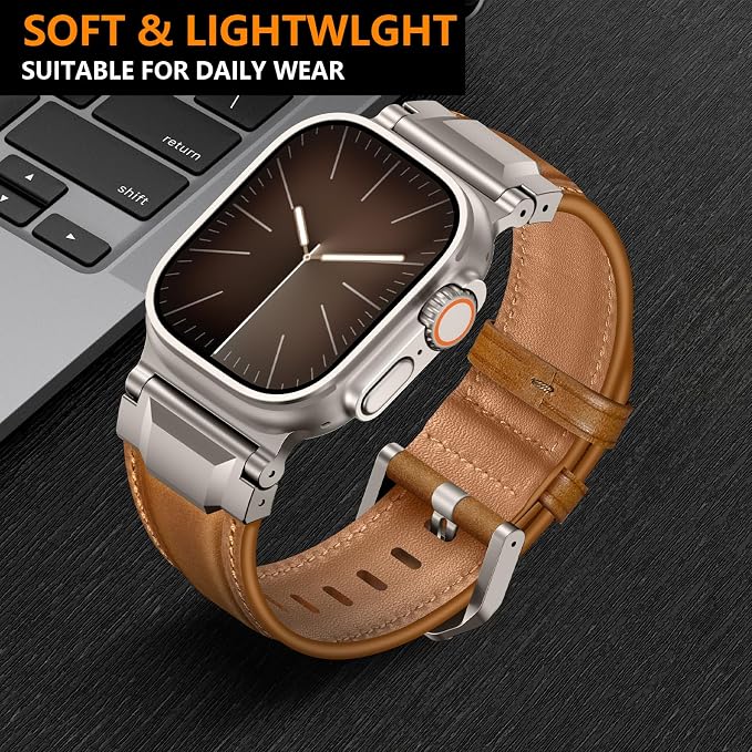 Bands Compatible with Apple Watch Ultra 3/2/1 Band 49/46/45/44mm | Genuine Leather Metal Connector Strap for iWatch Ultra Series 11/10/9/8/7/SE/6/5/4/3/2/1, Retro Brown/Titanium