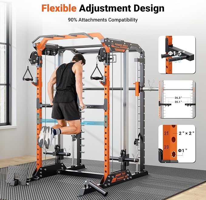 YOLEO Smith Machine & Squat Rack Combo, Multi-Functional Power Racks with Adjustable Width & Pull-Up Bar, Cable Crossover Power Cage, Independent Dual-Pulley System for Home Gym Garage Basement