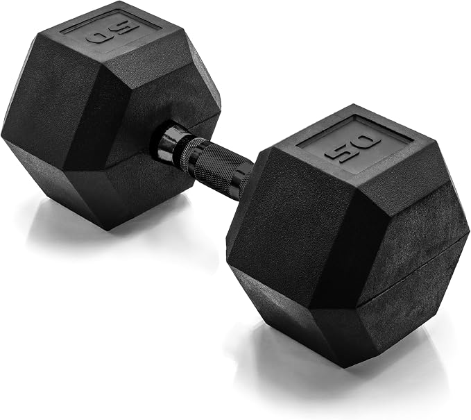 CAP Rubber Coated Dumbbell Weights, Free Weights for Home Gym Strength Training, Anti-Roll Hex Dumbbells with Black, Chrome & Comfort Grip Handles, Singles