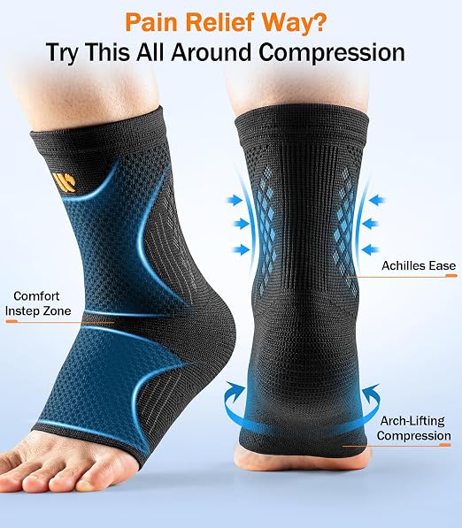 Low-Profile Ankle Braces for Women & Men, Customizable Ankle Compression Sleeve w/Wide Strap, Foot Support Wrap for Plantar Fasciitis Pain Relief, Achilles Tendonitis, Sprain, Black, 1 Pair, S