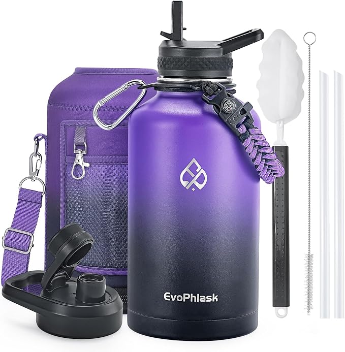 Insulated Water Bottle 64 oz with Carrier Bag, Purple/Black | Stainless Steel, Vacuum Insulated Keep Cold 48 Hrs, Half Gallon Large Water Jug, For Travel, Sport, Gym, Hiking