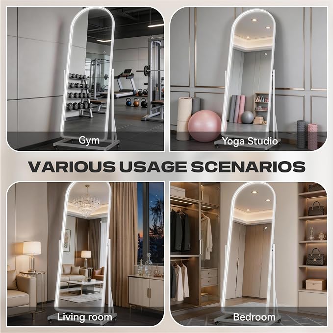 65"x18" Arched Full Length Rolling Mirror, LED & Swivel | Tempered glass, 3-color dimmable LED brightness, tilt & lockable wheels, ideal for bedroom, dressing room, home gym